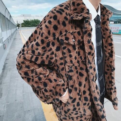 Autumn Winter Mens Faux Fur Leopard Warm Coat Short Loose Outwear Black Brown Buttons Front Outwear L41