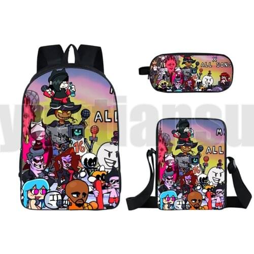 3 Pcs Set 16 Inch Hot Video Game Friday Night Funkin Backpack School Bag Bagpack Cute Pencil Case Shoulder Bag 3D Anime Bookbag