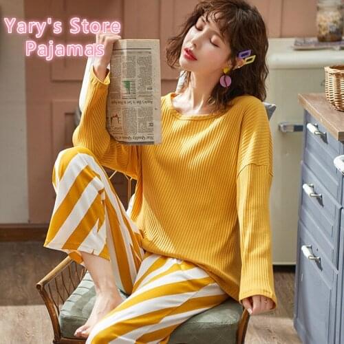Womens Pajama Spring and Autumn New Style Pure Cotton Long Sleeve Round Collar Pure Cotton Stripe Fabric Casual Home Wear Suit