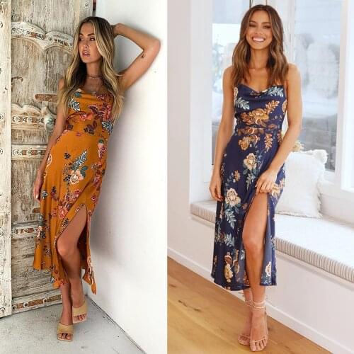 Elegant Womens Summer Vintage Flower Print Spaghetti Strap Dress Sexy Maxi Dress Long Pleated Dresses Backless Robe Longue