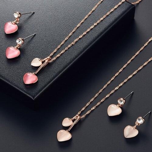 Romantic Cute Rhinestone Inlaid Heart Love Opal Pendent Earrings Necklace Set Korean Neck Ear Jewelry Sets for Women Girls Gift