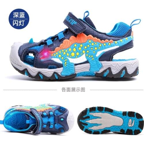 Dinoskulls Children Sandals 2021 Summer Boy LED Dinosaur Flashing With Light Kids Beach Shoes Breathable Fashion Leather Sandals
