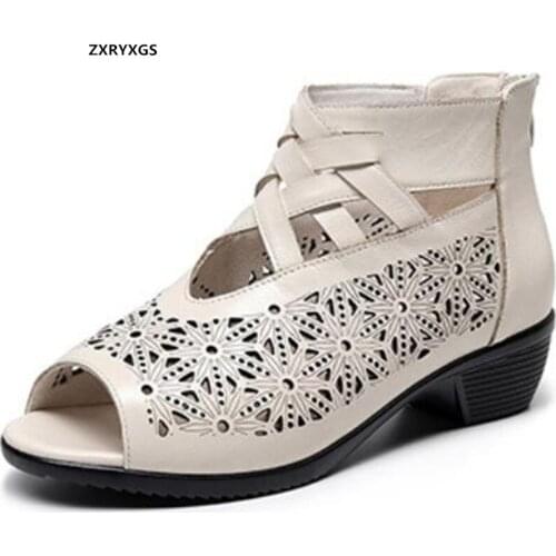 Promotion 2021 New Fish Mouth Hollow Genuine Leather Sandals Summer Women Sandal Shoes Rome Breathable Comfort Fashion Sandals