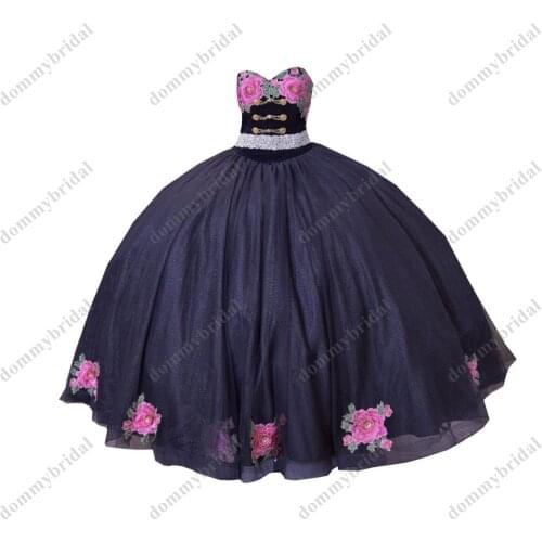 Sexy Black vestido De 15 Anos XV Girls Quincaenera Dresses Ball Gown Crystal Ribbon 3D Floral Flowers Bling Sequined Tulle Prom