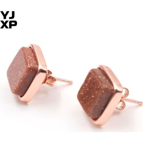 YJXP Rose Gold Color Square Shape Golden Sand Stone Stud Earrings For Women Jewelry