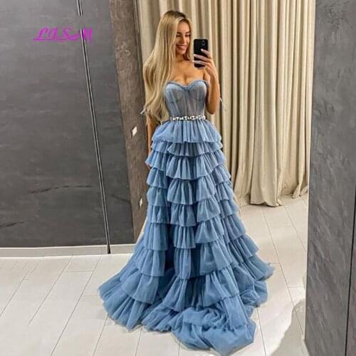 Blue Sweetheart Princess Prom Dress Ball Gown Puffy Tiered Tulle Long Evening Dress Deep V-Neck Prom Party Dresses