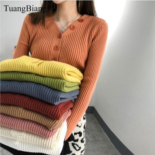 Single Breasted Women Full Sleeve V-Neck Button Sweater 2019 New Knitted Thick elasticity Pullovers Autumn Winter Jumpers Ladies