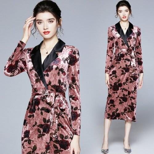 2021 autumn winter Vintage Print Velvet High Quality Dress Women Elegant Long Sleeve Party Dress Lace-Up Dress