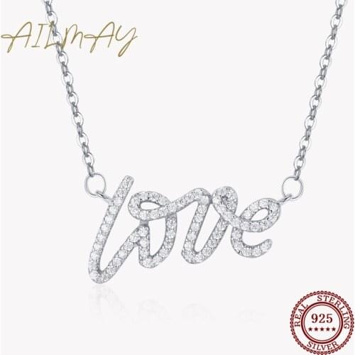 Ailmay Authentic 925 Sterling Silver Elegant Love Letter CZ Pendant Necklace for Women Wedding Engagement Fine Jewelry