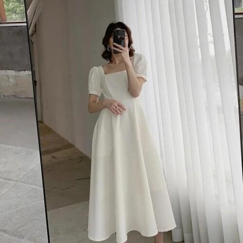 2021 Temperament Woman Red Dress Summer Vintage Robe Square Collar Puff Sleeve Backless Vestidos Slim Elegant Maix Dresses Club