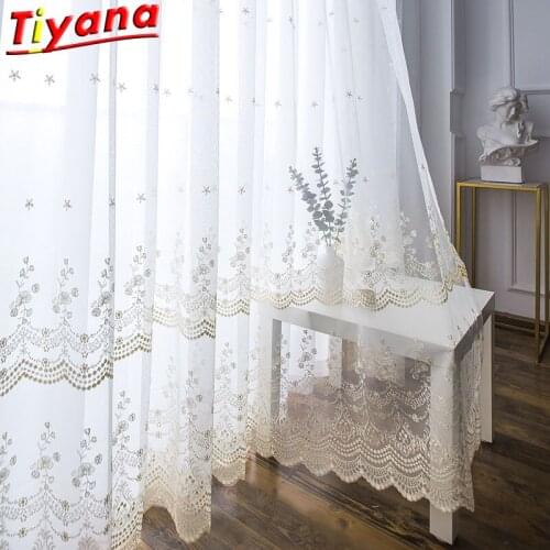 Gold Line Flower Embroidery Curtain Tulle Bottom Exquisite Lace Window Drapes for Living Room Elegant Light Sheer Voile HM130#30