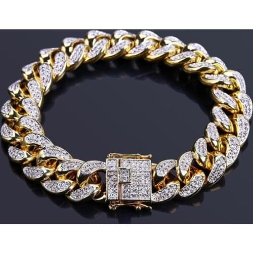 14mm Full AAA+ CZ Zircon Paved Bling Ice Out Cuban Miami Curb Link Chain Bracelets for Men Rapper Jewelry