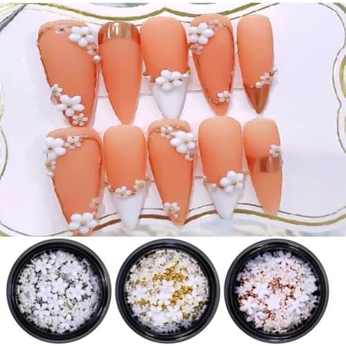 1jar 3D Nail resin Flowers rhinestones Five Petal Flower 3 Colors Flower Nail Stickers charms #@6MM/3MM