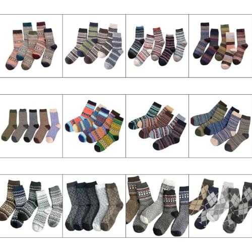 5 Pairs Mens Vintage Faux Wool Knit Crew Socks Color Block Stripes Warm Hosiery
