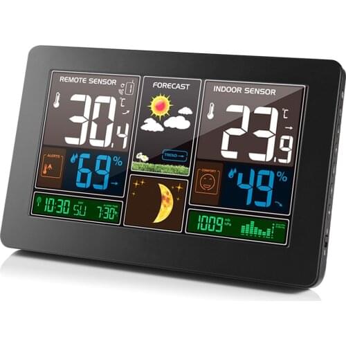 Wireless Weather Station Touch Screen Thermometer Hygrometer Indoor Outdoor Forecast Sensor Calendar 12/24-Hour Alarm Clock