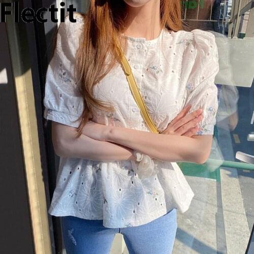 Flectit Summer Tops For Women 2020 Blouse Cutout Embroidery Floral White Blouse Spring Summer Tops Outfit