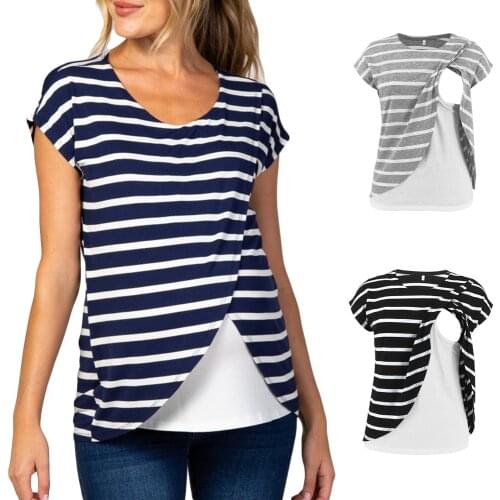 Womens Short Sleeve Layered Nursing Tops Maternity Breastfeeding Tunic Pregnancy Announcement