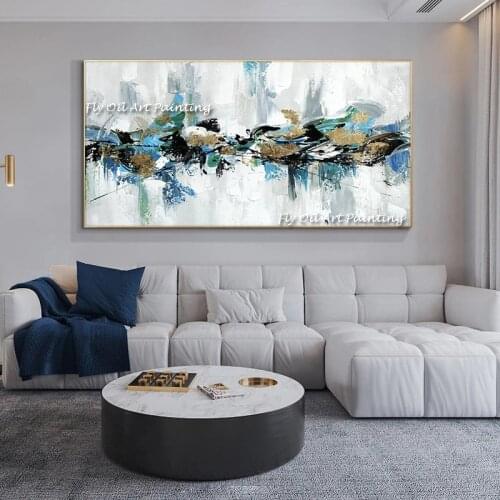 Handmade Thick Oil Painting Large Modern Abstract On Canvas Blue White Gold Knife Painting Wall Art for living room