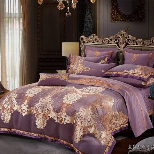 Luxury European High Precision Satin Jacquard Long Staple Cotton Bedding Set Purple Duvit Cover Sheet Pillowcase King Queen 4PCS