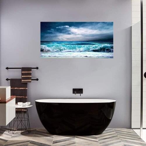 Ocean Aqua Waves Canvas Wall Art Picture Stormy Weather Blue Sky Artwork Blue Sea Beach Painting for Office Home Wall Decor Gift