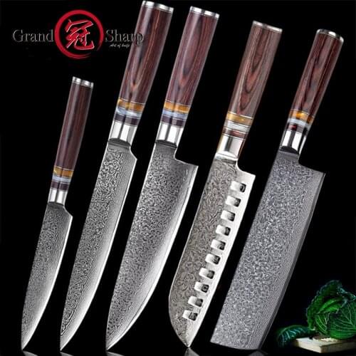 Grandsharp 5 Pcs Kitchen Knife Set Professional Chefs knives 67-Layer VG10 Japanese Damascus Steel Kitchen Knife Family Gift
