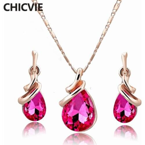 CHICVIE Gold Waterdrop Shape Necklace Earring Sets Wedding Crystal Jewelry Set For Women Necklace Earrings Jewelry Set SET190004