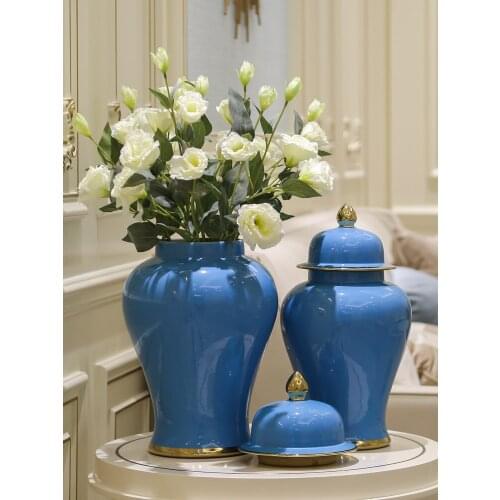 New Chinese storage Pot Vase ceramic temple jar Jingdezhen Gold Plated blue Ceramic Ginger jar with lid