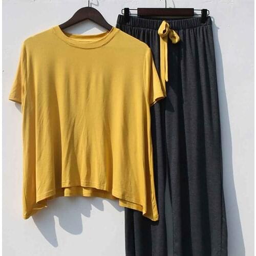 Sleepwear Womens Modal Lounge Wear Two Pieces Sleepwear Suit Fashion Pyjama Loose Short Sleeve T Shirt Trousers Home Clothing