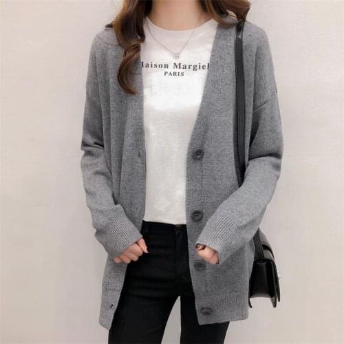 Korean Style Solid Loose Cardigans for Women Long Sleeve Casual Ladies Knitted Sweater Female V-Neck Single Breasted Cardigans