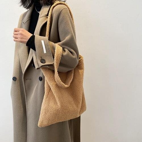 Solid Color Open Pocket Bags For Women 2021 Winter Warm Soft Plush Shoulder Bags Large Capacity Furry Fluffy Tote Shopping Bags