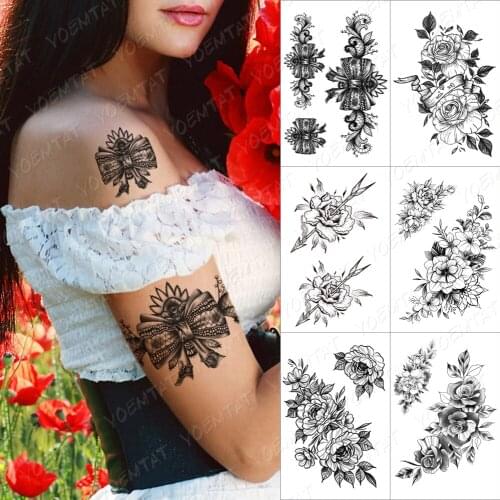 Lace Black Bow Temporary Tattoo Sticker For Men Women Adult Rose Flower Peony Waterproof Fake Henna Old School Body Art Tatoo