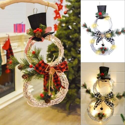 Christmas Wreath Hanging Decor Front Door Garland Snowman Pendant with LED Lights Home Party Holiday