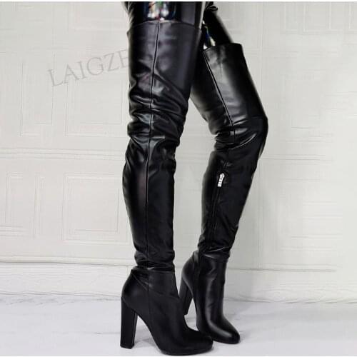 SEIIHEM Women Over Knee Boots Side Zip Heeled Boots Thigh High Black Autumn Winter Shoes Woman Donne Stivali Big Size 42 43 47