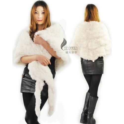 CX-B-48A Newest Solid Colur Real Rabbit Fur Hand Knitted Ruffled Irregular Shawl Stole For Women