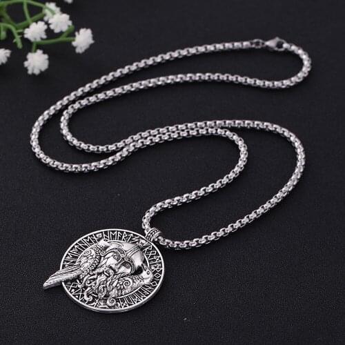 Skyrim Odin God Runes Nordic Viking Pendant Necklace Men Norse Talisman Amulet Raven Stainless Steel Chain Necklaces Jewelry