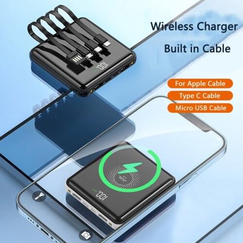 Power Bank 20000mAh Qi Wireless Charger 10000mAh Powerbank built in Cable for iPhone 12 Xiaomi Samsung S21 Poverbank with Light