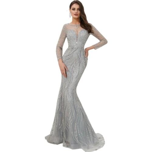 High Quality O-Neck Beading Full Sleeve Transparent Mermaid Evening Dress Long Suknie wieczorowe Vestidos elegantes 92309