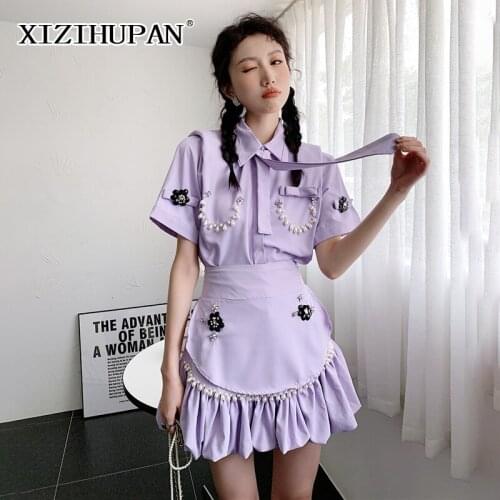 XIZIHUPAN Purple Pleated Two Piece Set Women Lapel Short Sleeve Patchwork Pearls Top High Waist A Line Womens Summer Suits 2021
