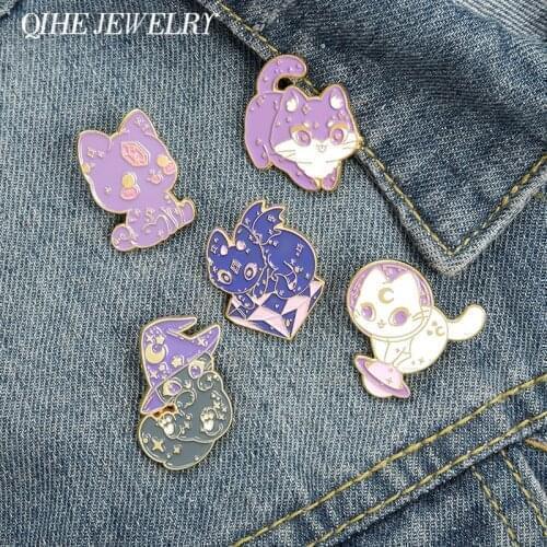 Moon Cat Enamel Pin Purple Wizard Hat Wild Witch Crystal Space Cat with Wing Kitten Brooches Magic Jewelry for Women