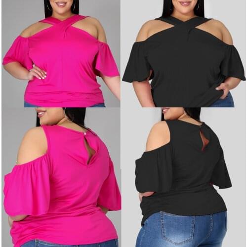 Casual Women Solid Color Off-the Shoulder T-shirts Plus Size Short Flared Sleeve Hollow Out Loose Tops 2021 Summer New Arrivals