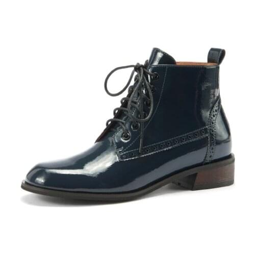 Womens Boots Round Heel Lace Up Ankel Boots Patent Leather Solid Color Women Shoes Oxfords Casual Shoes For Ladies Low Boots