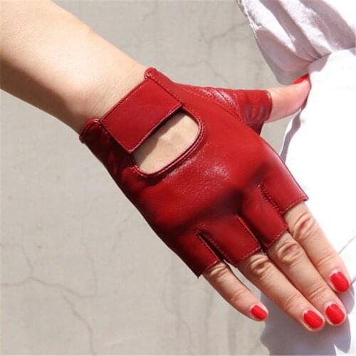 Genuine Leather Pure Sheepskin White Red Semi-Fingers Gloves Motor Street Dance Rock Punk Half Finger Woman Gloves TB74