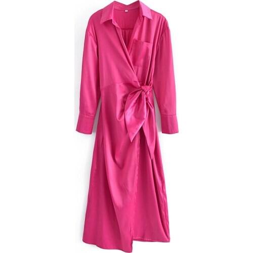 Za New Summer Womens French V Neck Open Fork Dress Shirt Type Silk Satin Texture Dress 07732423630