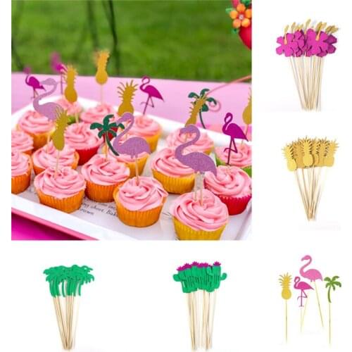 12pcs Hawaiian Summer Jungle Tropical Party Green Leaf Flamingo Cake Topper Wedding Baby Shower Jungle Birthday Party Cake Decor