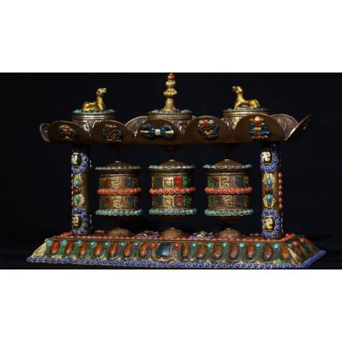 13"Tibet temple Old Bronze mosaic Gem Dzi Bead Filigree Prayer wheel Poodle statue Chanting Dharma Town House Exorcism