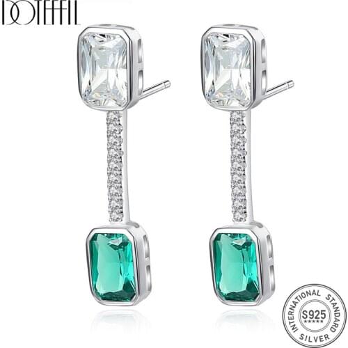 DOTEFFIL High Quality Luxury Emerald Cubic Zircon Drop Earrings for Women 100% 925 Silver Engagement Earrings Jewelry Brincos