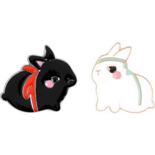 1Piece Enamel Pin Black White Rabbit Brooch Bag Clothes Lapel Pin Button Badge Cartoon Animal Jewelry Gift for best friends