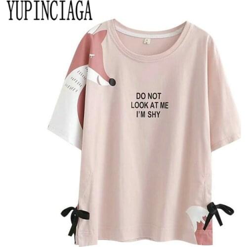 Harajuku Pink t shirt Women Kawaii Fox Letter Print Cotton t-shirt Girls Sweet O-neck Short tshirt Casual T Shirt YUPINCIAGA