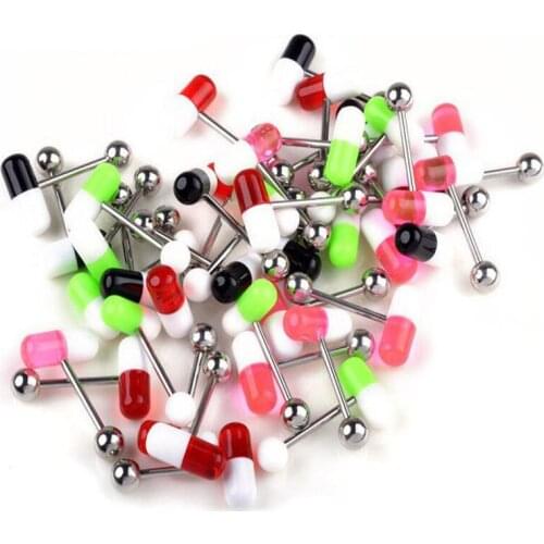 10PCS Mix Color Barbell Bar Tongue Piercing Rings Fashion Stainless Steel Candy Pill Men Women Body Jewelry Tongue Rings