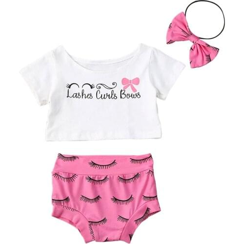 Newborn Toddler Baby Girls Clothes Sets White Short Sleeve Print T Shirts Tops+Pink Shorts Trousers Headband